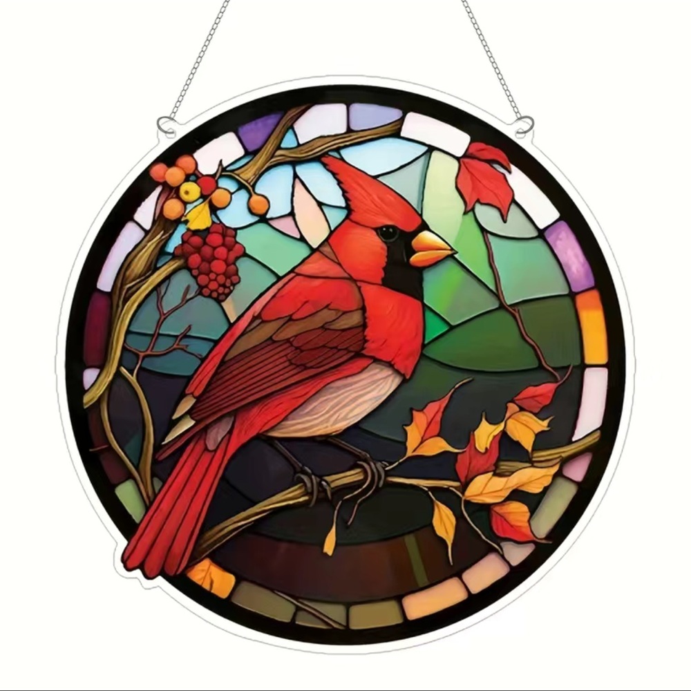 Red Cardinal Faux Stained Glass Acrylic Suncatcher Bird Animal Leaves Decor